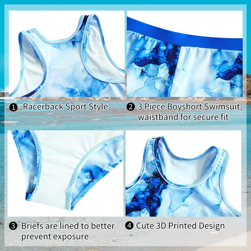 uideazone Teenager Girl 3pc Swimsuits 12t Marbling Racer Back Bathing Suit with High Elasticity Shorts Round Neck Tankini Swimwear Sets 12-13 Years - Image 5