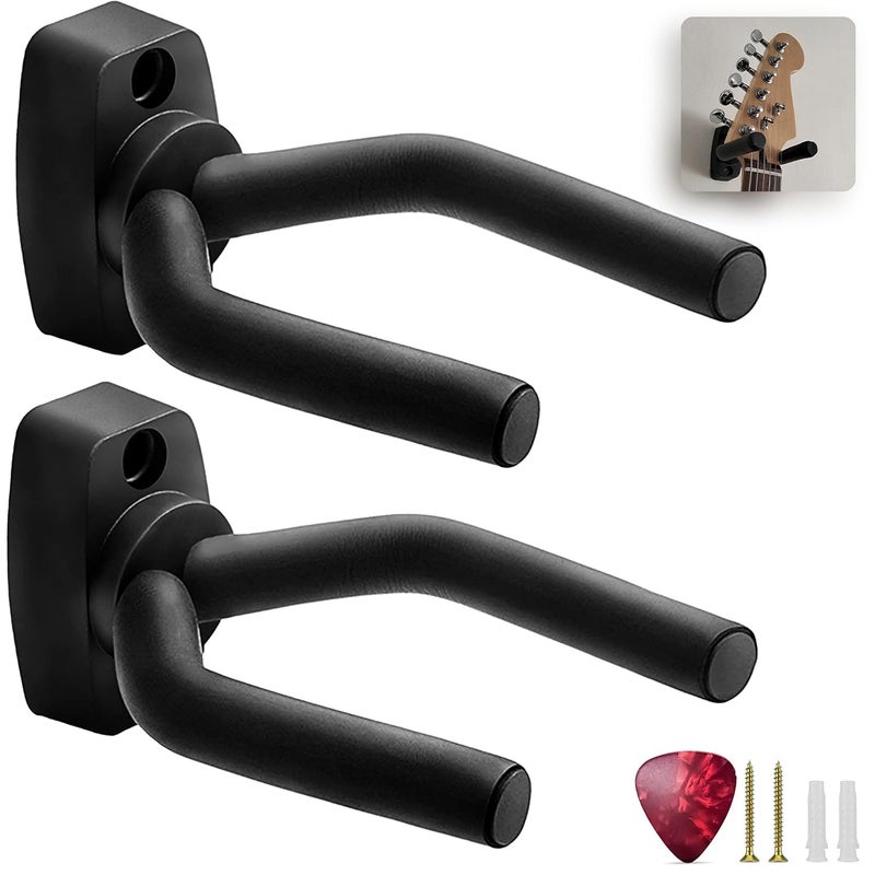 KEPLIN Guitar Wall Hooks - Display Mount Hangers for Electric & Acoustic Guitars, Bass, Banjo | Pack of 2 Brackets With Screws & Pick | Adjustable Soft Padded Sponge Holder Supports - Image 1