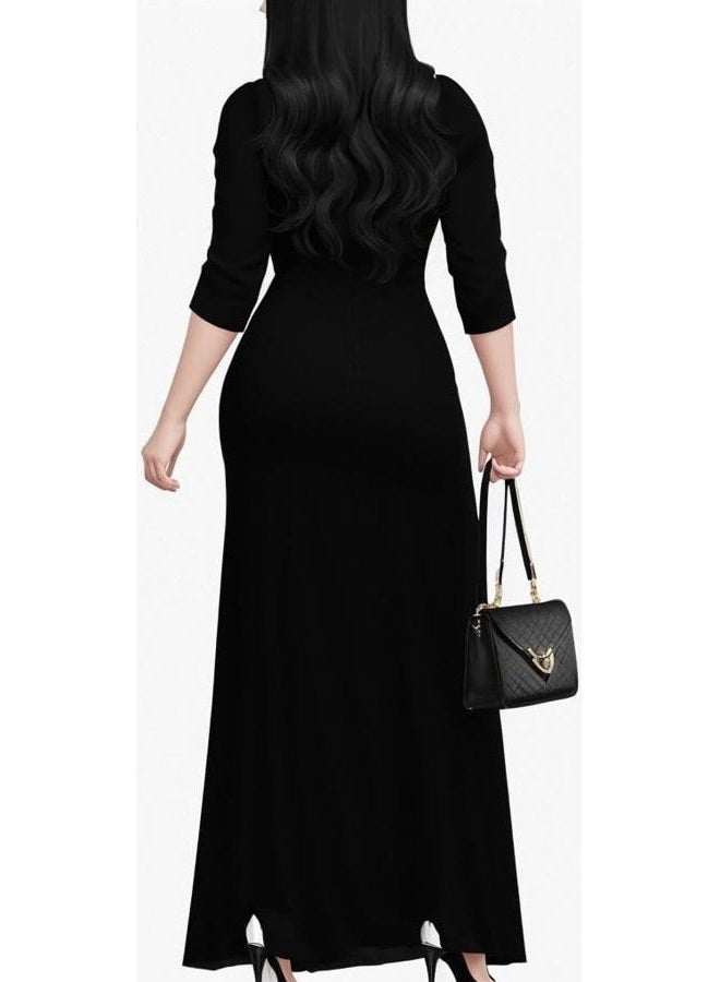 CaniBtr Maxi Dresses for Women Casual 3/4 Sleeve V Neck Plus Size Elegant Floor Length Long Dress with Belt, Black, M - Image 2