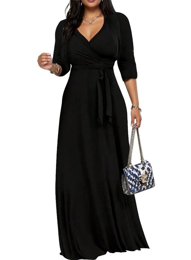 CaniBtr Maxi Dresses for Women Casual 3/4 Sleeve V Neck Plus Size Elegant Floor Length Long Dress with Belt, Black, M - Image 1