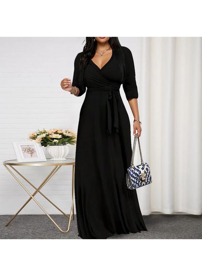 CaniBtr Maxi Dresses for Women Casual 3/4 Sleeve V Neck Plus Size Elegant Floor Length Long Dress with Belt, Black, M - Image 3