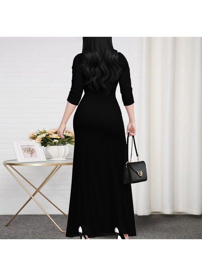 CaniBtr Maxi Dresses for Women Casual 3/4 Sleeve V Neck Plus Size Elegant Floor Length Long Dress with Belt, Black, M - Image 5