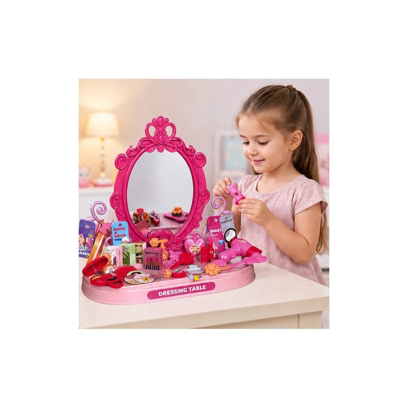 Make Up Dressing Table Toy Set with Mirror for Girls, Pink - Image 4