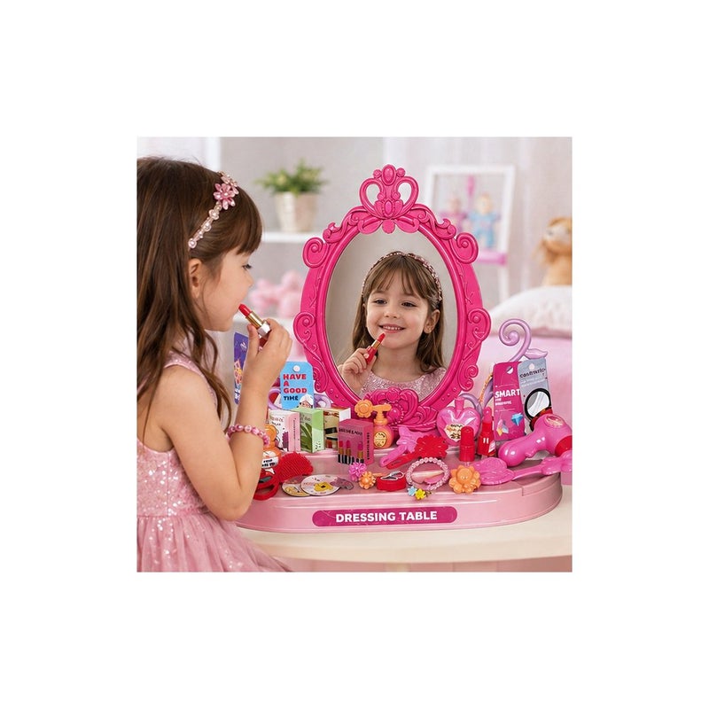 Make Up Dressing Table Toy Set with Mirror for Girls, Pink - Image 3