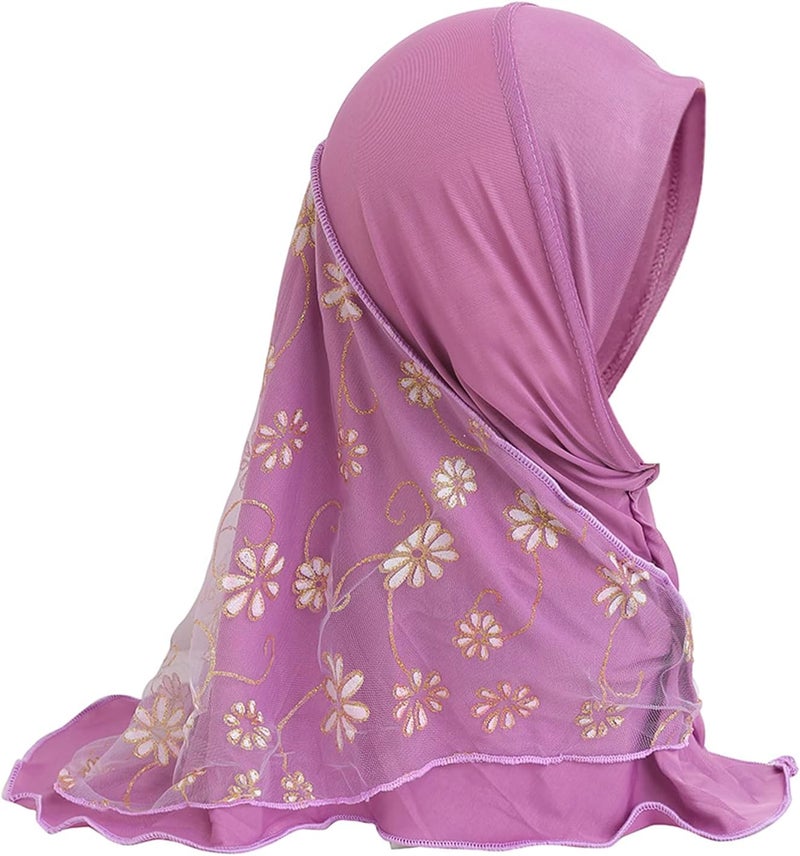 NICEYST Girls Ice Silk Muslim Khimar Hijab Headscarf Flower Arab Scarf Shawls Neck Wrap Islamic Head Wrap for Age 2-7 Years - Image 4