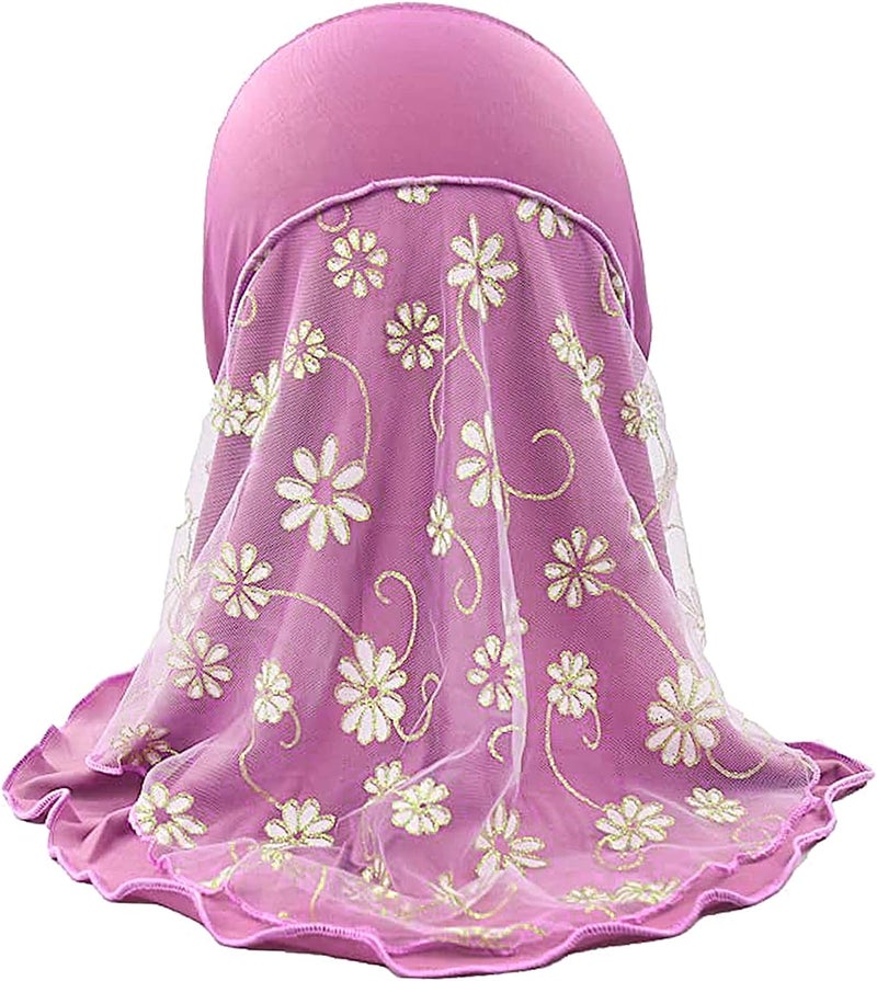 NICEYST Girls Ice Silk Muslim Khimar Hijab Headscarf Flower Arab Scarf Shawls Neck Wrap Islamic Head Wrap for Age 2-7 Years - Image 5