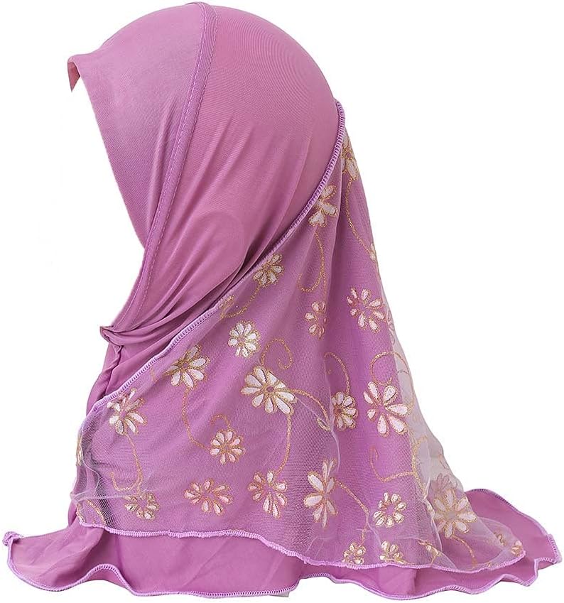 NICEYST Girls Ice Silk Muslim Khimar Hijab Headscarf Flower Arab Scarf Shawls Neck Wrap Islamic Head Wrap for Age 2-7 Years - Image 1