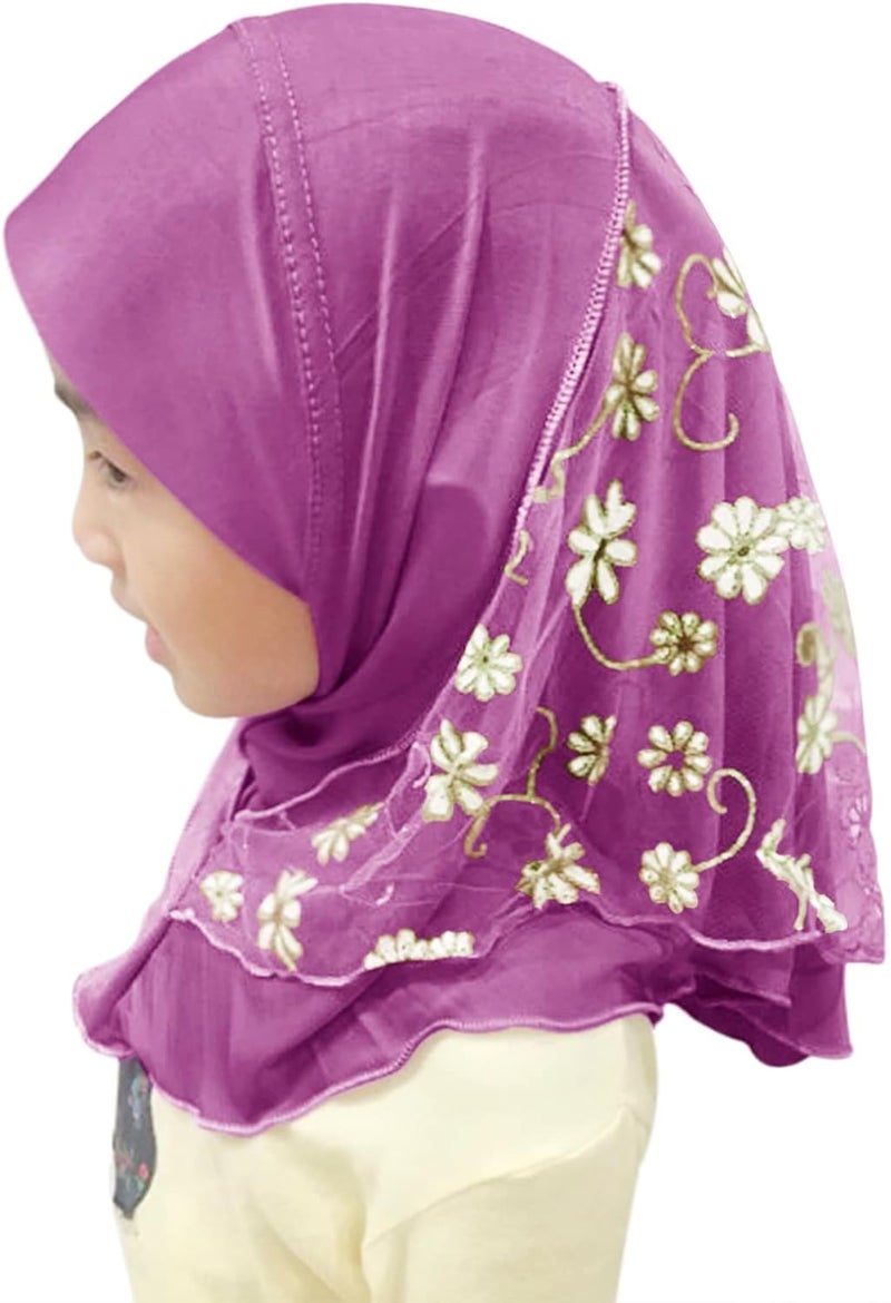 NICEYST Girls Ice Silk Muslim Khimar Hijab Headscarf Flower Arab Scarf Shawls Neck Wrap Islamic Head Wrap for Age 2-7 Years - Image 2