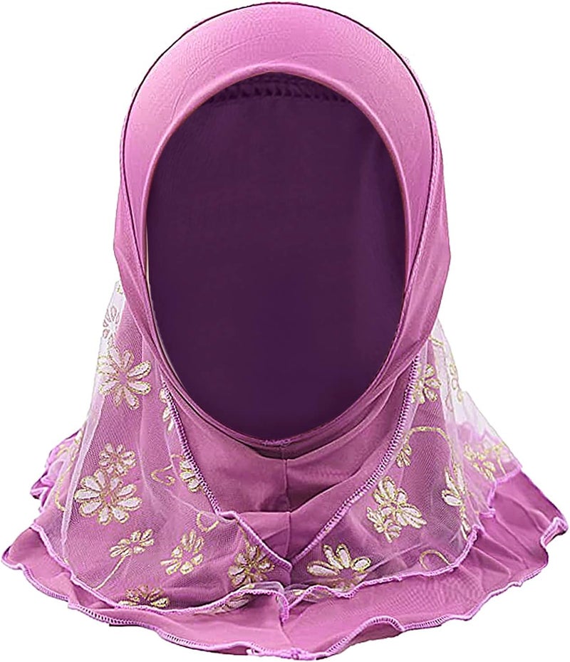 NICEYST Girls Ice Silk Muslim Khimar Hijab Headscarf Flower Arab Scarf Shawls Neck Wrap Islamic Head Wrap for Age 2-7 Years - Image 3