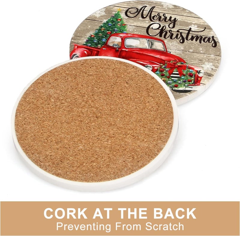 Dksyee 6 Pcs Red Truck Christmas Coasters Set  Ceramic Absorbent Round Coasters with Holder - Image 5