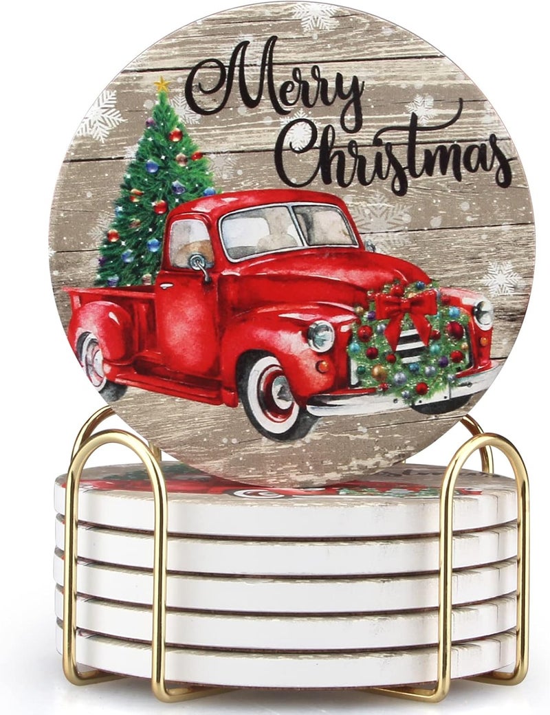 Dksyee 6 Pcs Red Truck Christmas Coasters Set  Ceramic Absorbent Round Coasters with Holder - Image 1