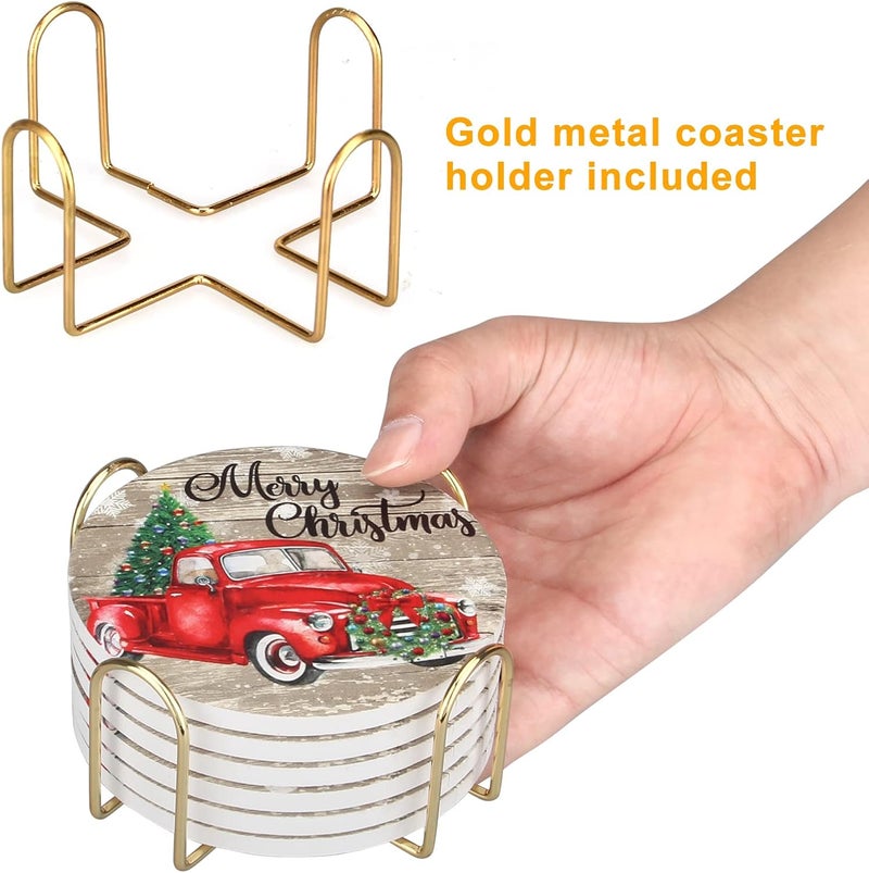 Dksyee 6 Pcs Red Truck Christmas Coasters Set  Ceramic Absorbent Round Coasters with Holder - Image 3