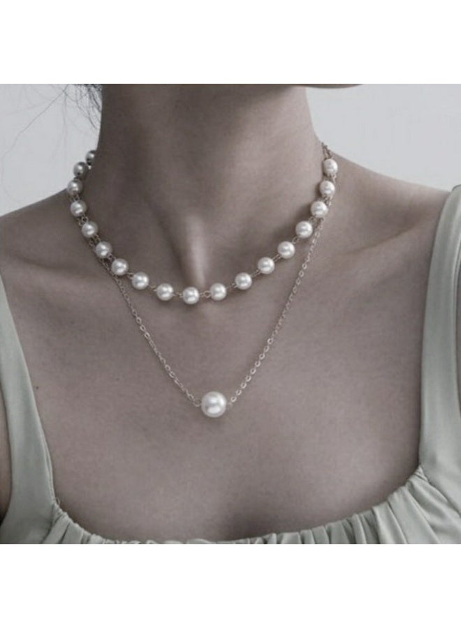 اكسوارات ار ايه عقد حريمي شيك بسلسلة فضي مع لؤلؤ اوف وايت - متعدد طبقات - Image 1