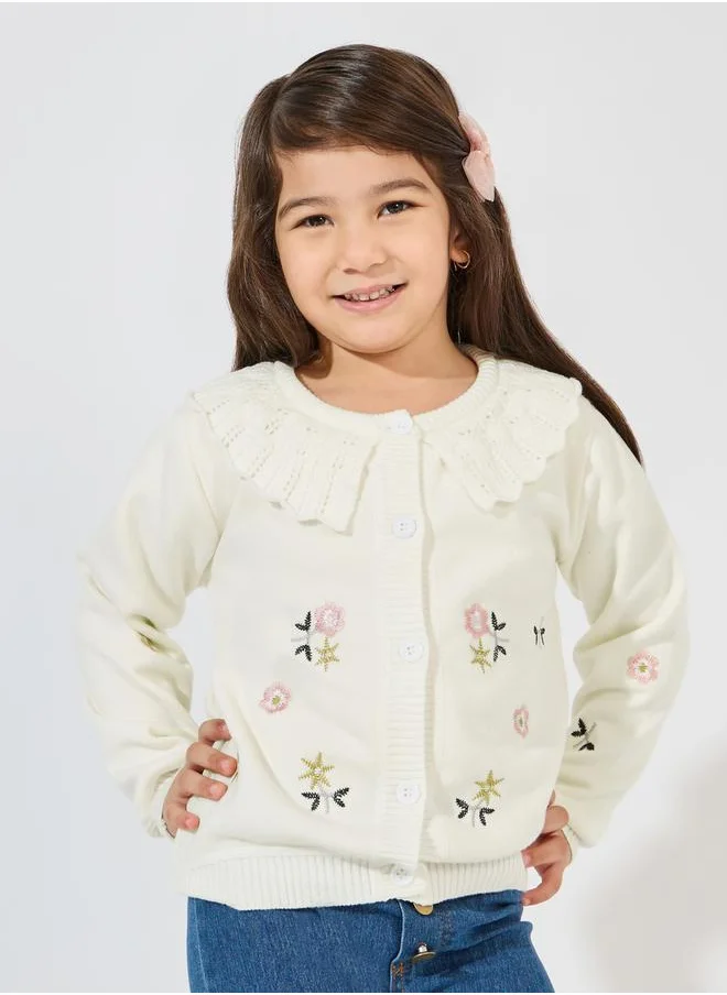 Styli Floral Embroidery Ruffled Bib Cardigan