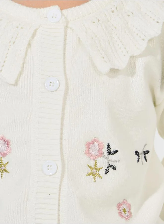 Styli Floral Embroidery Ruffled Bib Cardigan
