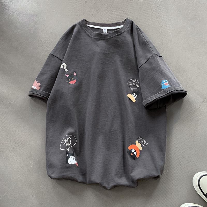 Loose Super Style All-Match Japanese Harajuku Harbor Sleeve Five-Point Boys Hip-Hop Cect Short-Sleeved Shirt Ins Korean Style Cartoon - Image 1