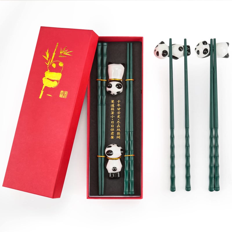 Panda Chopsticks Gift Set 2 Pairs Nonslip Chopsticks with Red Gift Case Dishwasher Safe Perfect for Thanksgiving Day ChristmasGreen