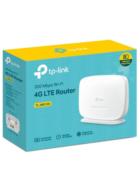 راوتر TP-Link 300Mbps 4G WiFi، راوتر Mobil WiFi متطور، شبكة 4G Cat4 LTE، مثالية للألعاب والبث، فتحة بطاقة SIM نانو، التوصيل والتشغيل، شبكة آمنة WPA-PSK(TL-MR105)