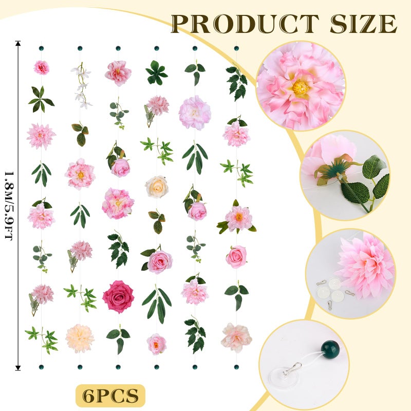Draupnir 6 pcs Artificial Flower Garland Hanging Decorations,5.9ft Hanging Flowers for Backdrop Floral Garland with Hooks Fake Wildflower Garlands for Home Garden Spring Summer Wedding Party Arch Wall - Image 2