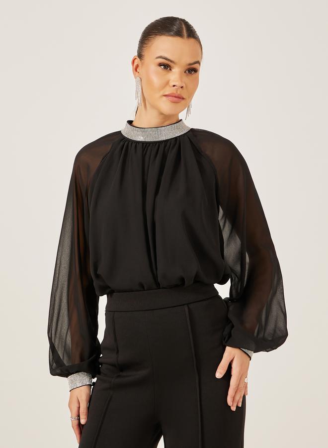 Styli Embellished High Neck Top with Sheer Sleeves - Image 1