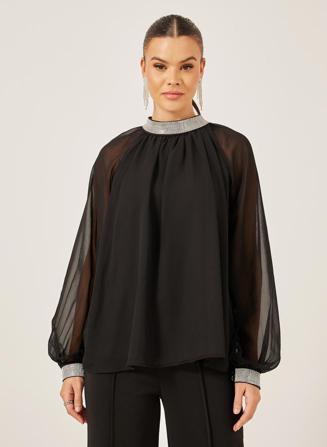 Styli Embellished High Neck Top with Sheer Sleeves - Image 2