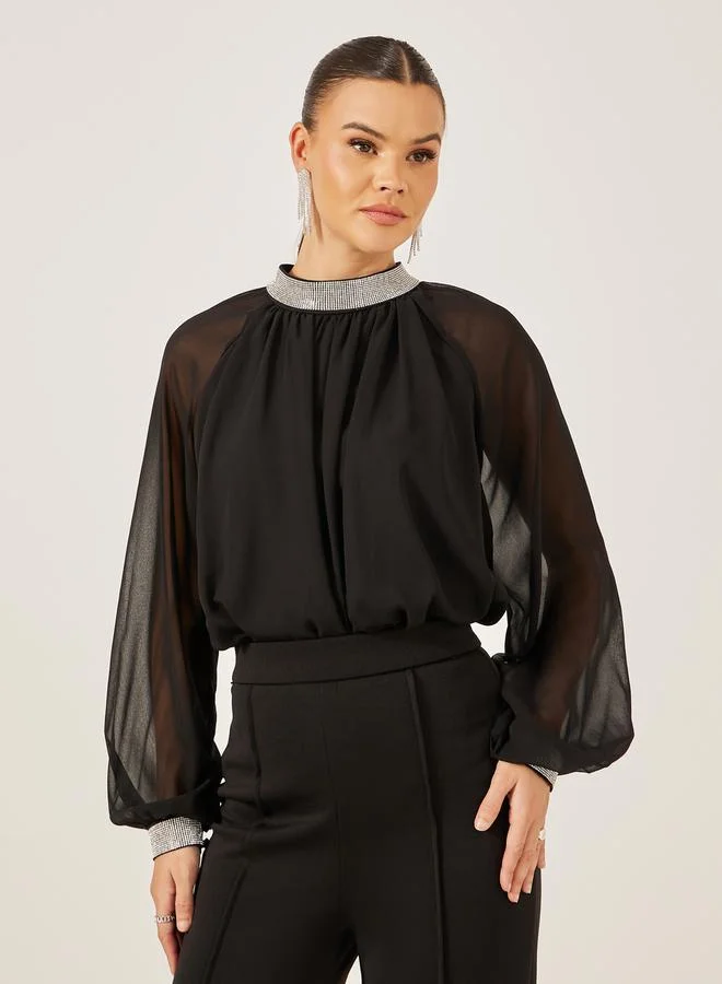 Styli Embellished High Neck Top with Sheer Sleeves