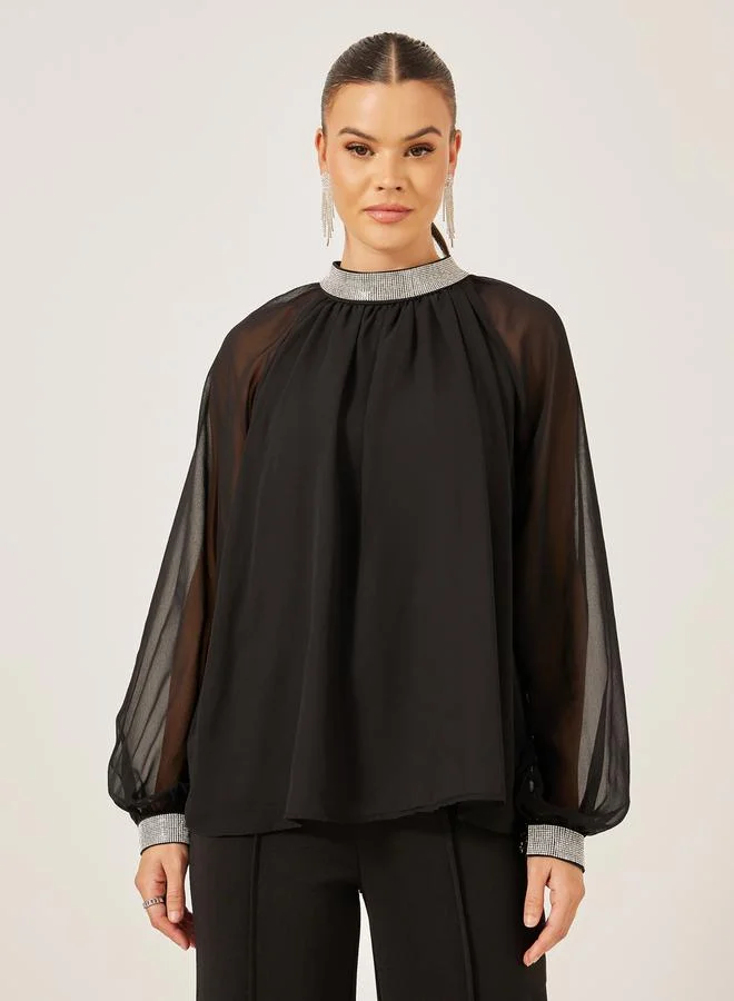 Styli Embellished High Neck Top with Sheer Sleeves