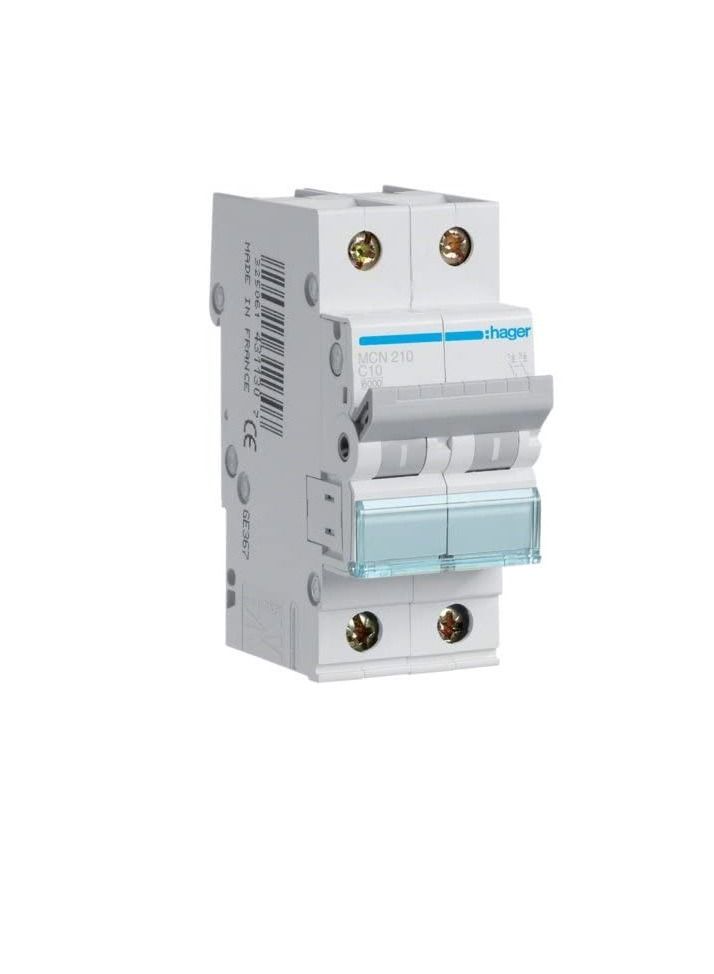 Hager HAGER Miniature circuit breaker double pole 10A 6KA DP MCB TYPE C MCN210  - Image 1