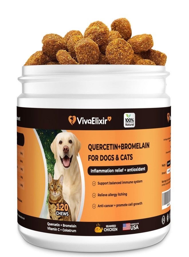 VivaElixir Quercetin & Bromelain for Dogs & Cats with Colostrum & Probiotics - Supports Immune System, Relieves Itchy Allergies, Anti-Inflammatory Antioxidants, Veterinarian Recommended, 120 Chewable Tablets - Image 1