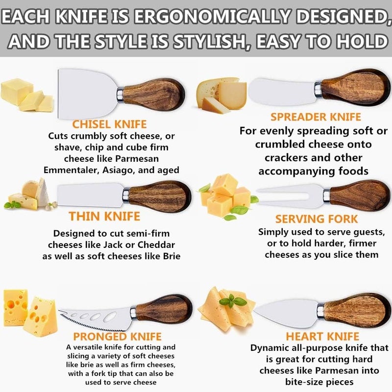 MJuAn Premium 6-Piece Cheese Knife Set,Complete Stainless Steel Cheese Knives Collection (Acacia Wood Handle)-Charcuterie Boards Accessories,Gift-Ready - Image 2