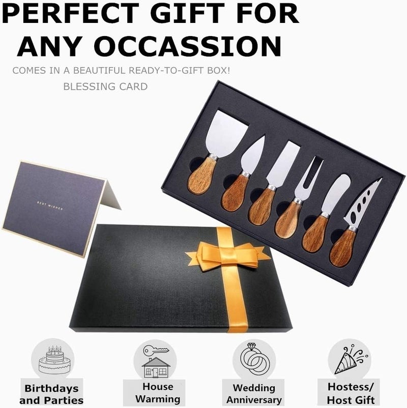 MJuAn Premium 6-Piece Cheese Knife Set,Complete Stainless Steel Cheese Knives Collection (Acacia Wood Handle)-Charcuterie Boards Accessories,Gift-Ready - Image 4