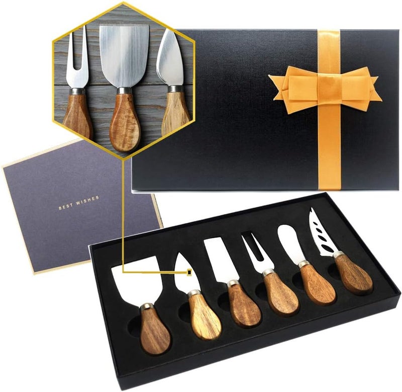 MJuAn Premium 6-Piece Cheese Knife Set,Complete Stainless Steel Cheese Knives Collection (Acacia Wood Handle)-Charcuterie Boards Accessories,Gift-Ready - Image 1
