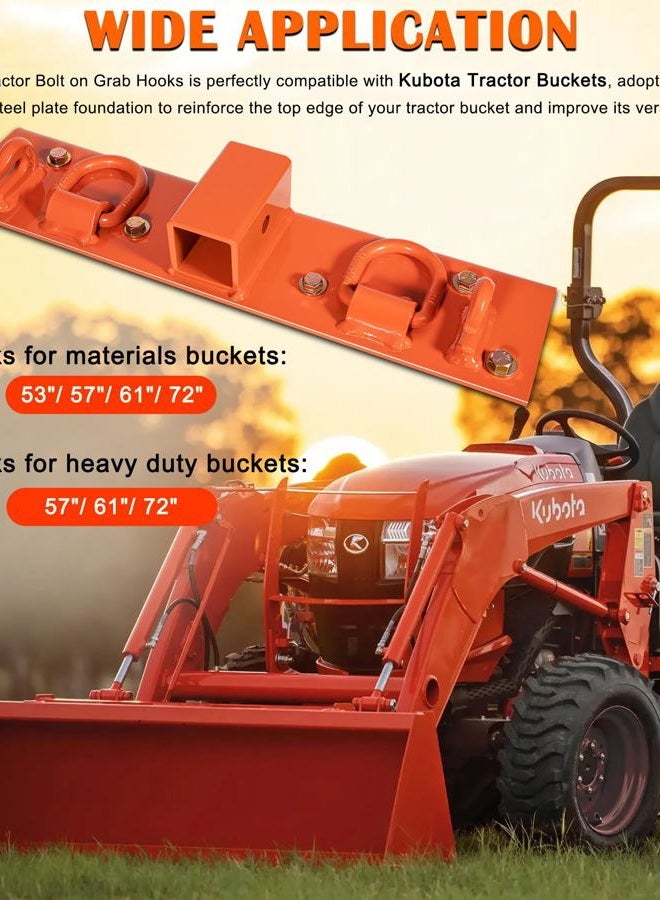 Bonbo Tractor Grab Hooks Compatible with Kubota Tractors - Bolted on Compact Tractor Bucket Grab Hooks with D Rings and 2" Receiver, Orange - Image 3