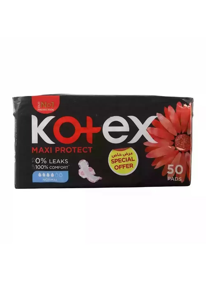 Kotex Maxi Protect Normal Sanitary Pads With Wings, Up to 0 percent Leaks- 50 Pads Special Offer - Image 1