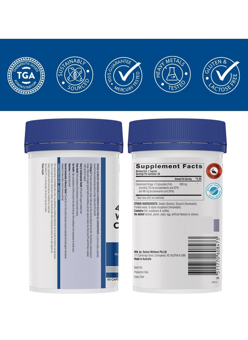 Swisse - Ultiboost Odourless 4x Strength Wild Fish OIL Concentrate 4 X Omega-3 Maintains Heart, Brain and Eye Health,1800 mg  60 BASED ON SCIENTIFLC EVIDENCE 60 Capsules  Food Supplement - Image 1