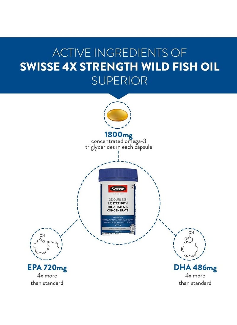 Swisse - Ultiboost Odourless 4x Strength Wild Fish OIL Concentrate 4 X Omega-3 Maintains Heart, Brain and Eye Health,1800 mg  60 BASED ON SCIENTIFLC EVIDENCE 60 Capsules  Food Supplement - Image 1