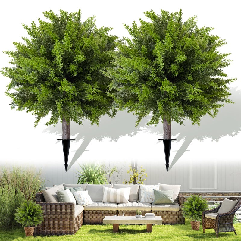 DOPGIB Artificial Cedar Topiary Ball Tree with Ground Spike: 23 Inch 2 Pack UV Resistant Faux Green Cypress Shrubs Plants Fake Bushes for Front Porch, Garden, Indoor and Outdoor Home Decor - Image 1