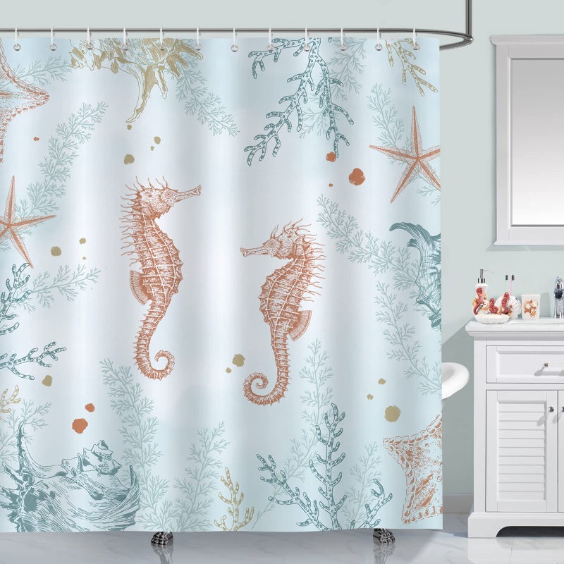 Bonhause Coastal Seahorse Shower Curtain Blue Ocean Beach Starfish Coral Underwater Bathroom Curtain 72 x 72 Inch Polyester Fabric Waterproof Bath Curtain with 12 Hooks
