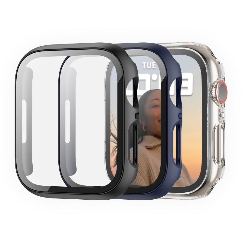 Cuteey Apple Watch Series 7 45mm Full Protection Hard PC Cover with Tempered Glass Screen Protector, Black+Blue+Clear, Pack of 3 - Image 3