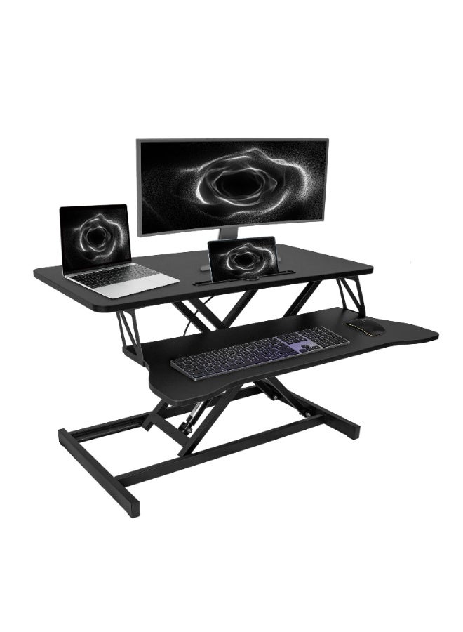 كيل › محول مكتب قائم قابل لتعديل الارتفاع 32 بوصة مريح مزدوج الإطار X-Frame Sit Stand Riser مع حامل لوحة مفاتيح للمكتب والمنزل - Image 1