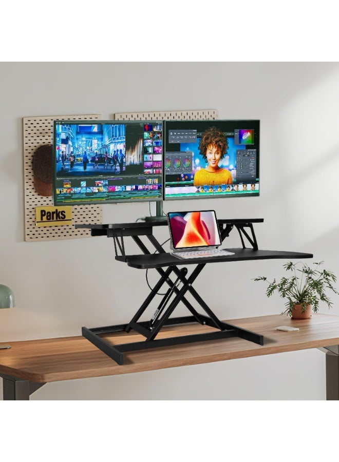 كيل › محول مكتب قائم قابل لتعديل الارتفاع 32 بوصة مريح مزدوج الإطار X-Frame Sit Stand Riser مع حامل لوحة مفاتيح للمكتب والمنزل - Image 2