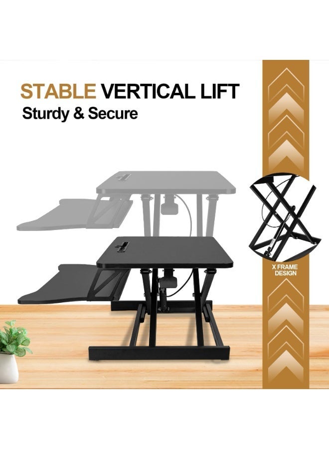 كيل › محول مكتب قائم قابل لتعديل الارتفاع 32 بوصة مريح مزدوج الإطار X-Frame Sit Stand Riser مع حامل لوحة مفاتيح للمكتب والمنزل - Image 4