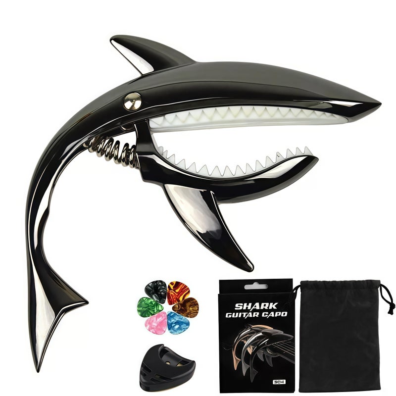LinnWell Guitar Capo Shark Shape Guitar Capo Acoustic Capo Electric Guitars Capo Premium Zinc Alloy Guitar Accessories Ukulele Mandolin Banjo Bass (Black with 6 Picks) - Image 1