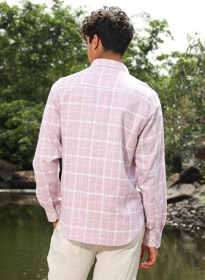 Campus Sutra Campus Sutra Men's Baby Pink Gun Club Woven Regular Shirt | Button-Down Collar , Long Sleeve Cuffed Sleeves , Button Closure | Checks Checks | Cotton Shirt For Casual Wear - Image 5