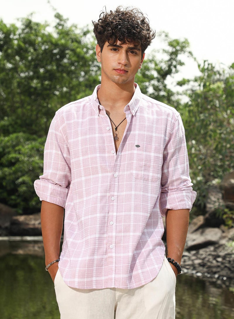 Campus Sutra Campus Sutra Men's Baby Pink Gun Club Woven Regular Shirt | Button-Down Collar , Long Sleeve Cuffed Sleeves , Button Closure | Checks Checks | Cotton Shirt For Casual Wear - Image 2