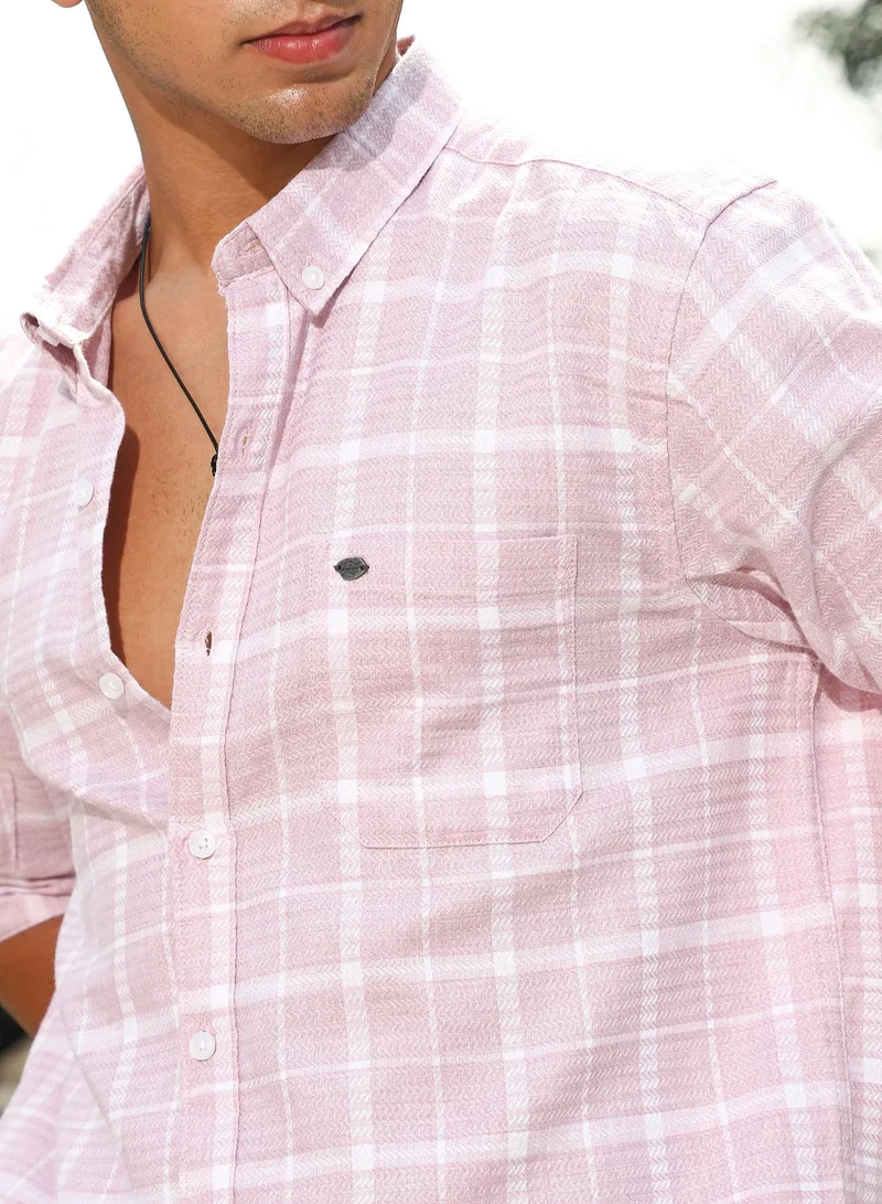 Campus Sutra Campus Sutra Men's Baby Pink Gun Club Woven Regular Shirt | Button-Down Collar , Long Sleeve Cuffed Sleeves , Button Closure | Checks Checks | Cotton Shirt For Casual Wear