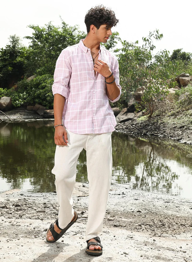 Campus Sutra Campus Sutra Men's Baby Pink Gun Club Woven Regular Shirt | Button-Down Collar , Long Sleeve Cuffed Sleeves , Button Closure | Checks Checks | Cotton Shirt For Casual Wear