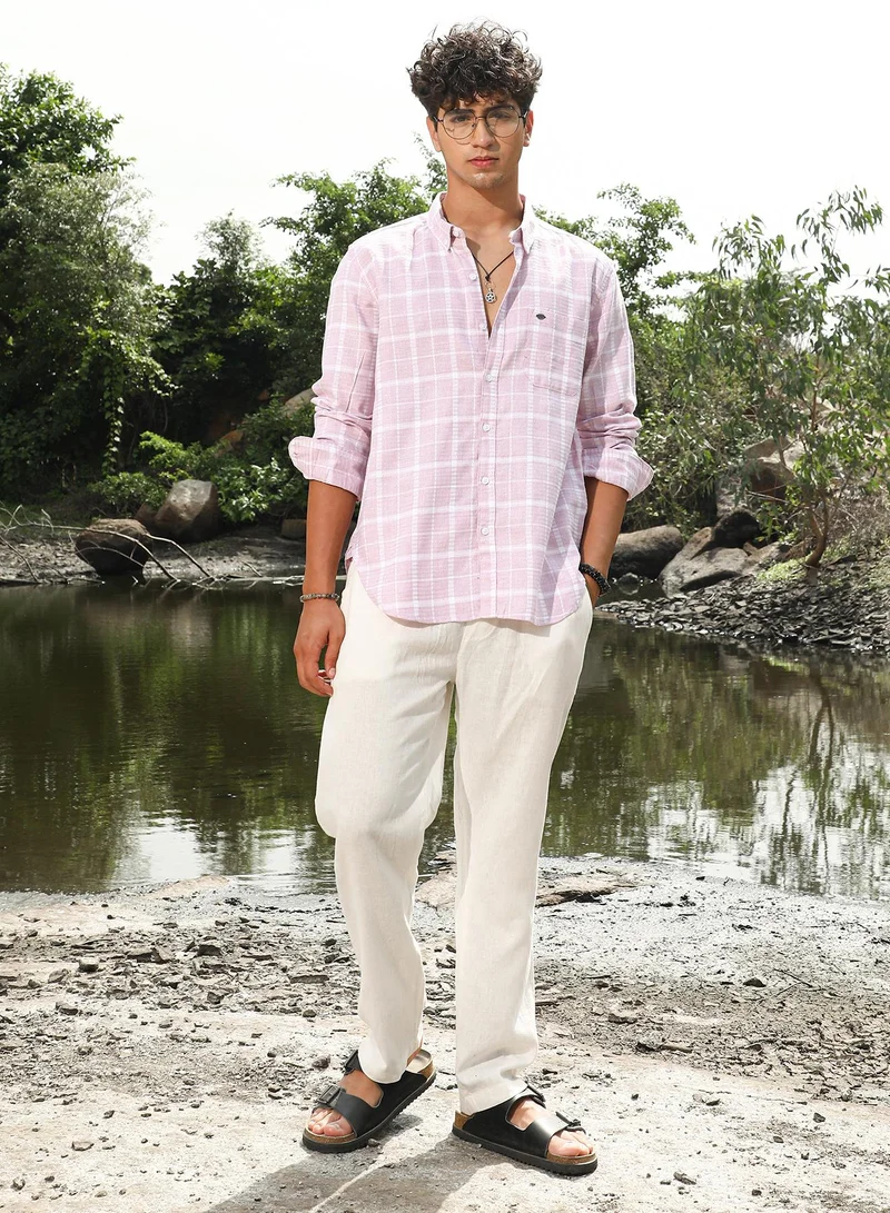Campus Sutra Campus Sutra Men's Baby Pink Gun Club Woven Regular Shirt | Button-Down Collar , Long Sleeve Cuffed Sleeves , Button Closure | Checks Checks | Cotton Shirt For Casual Wear