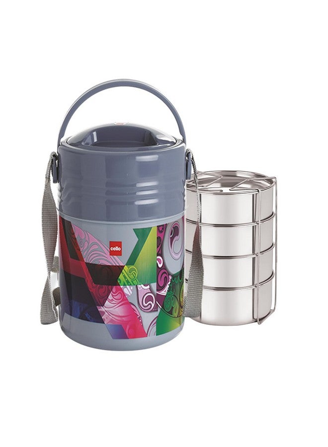Cello Cello Meal Kit Plastic Tiffin Box | 4 Stainless Steel Containers 355ml Each, Grey | Leak Proof | Food Grade | Easy to Carry | Insulated Lunch Box for Office, Travelling  - Image 1