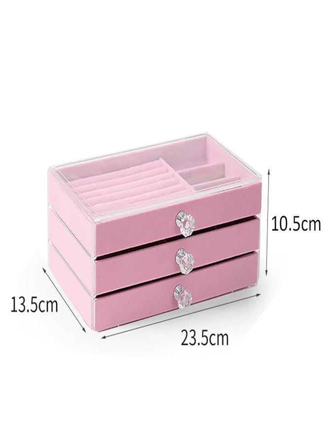MEZON منظم مجوهرات أكريليك من ميزون بثلاثة أدراج | 10 أقسام و7 فتحات لأقراط الأذن | صندوق تخزين شفاف للأقراط والقلائد والخواتم والأساور للنساء (وردي) - Image 2